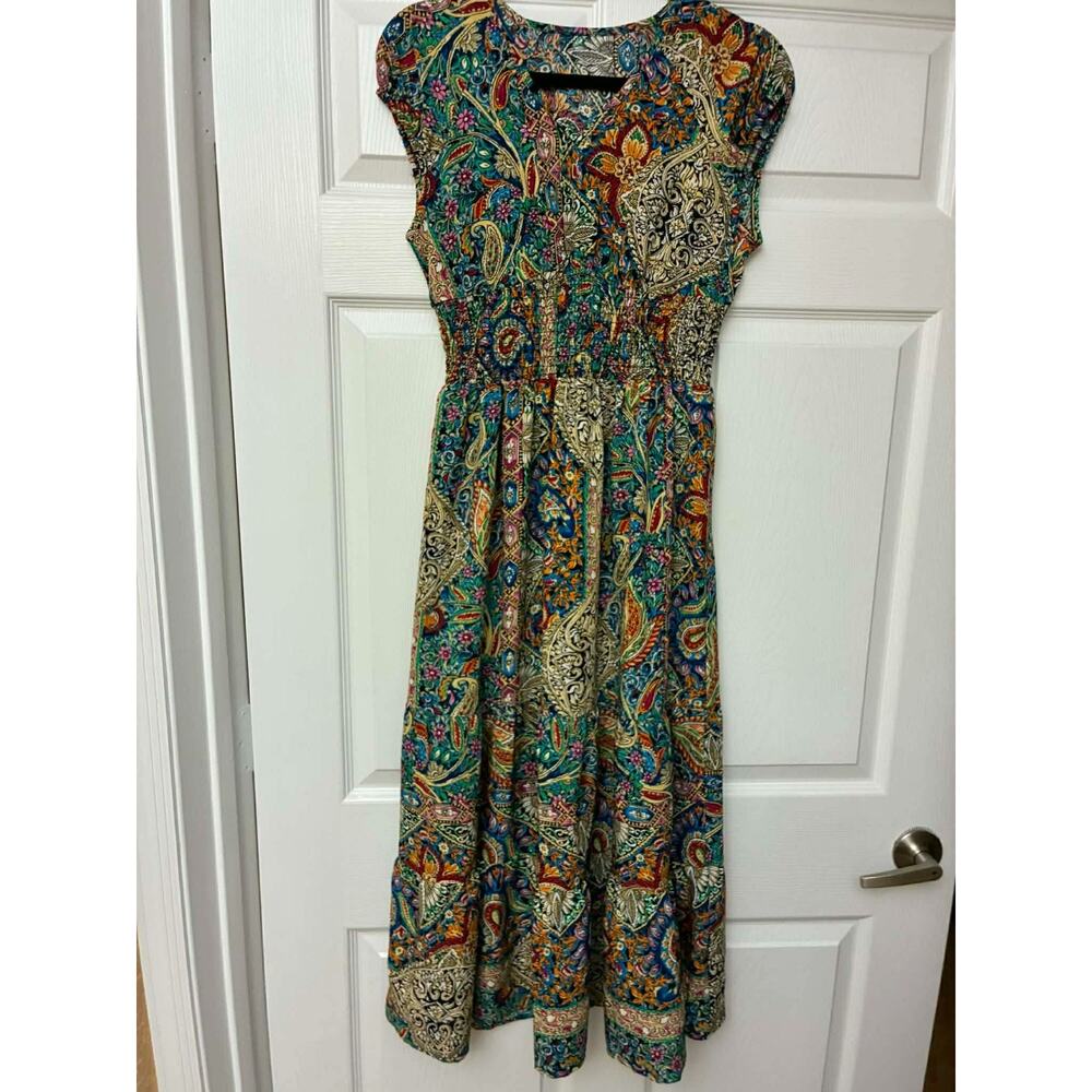 Women's Boho Maxi Dress Small Paisley Patchwork‎ Smocked Waist Cap Sleeve